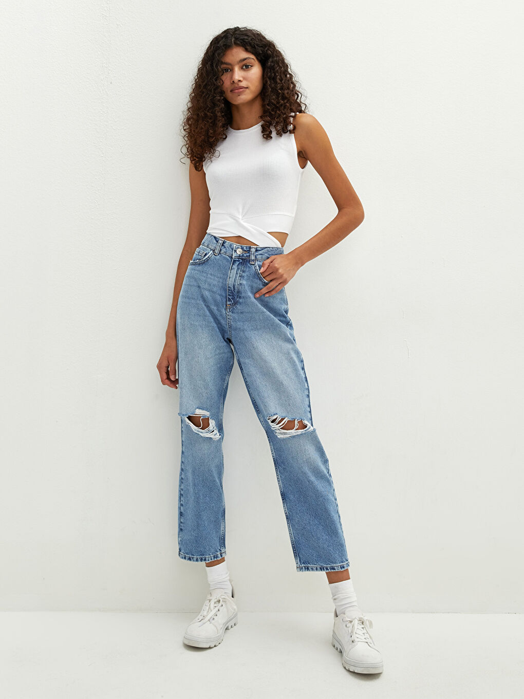 LCW Vision High Waist Straight Fit Pocket Ripped Detail Women's Rodeo Jeans -W1BV31Z8-507