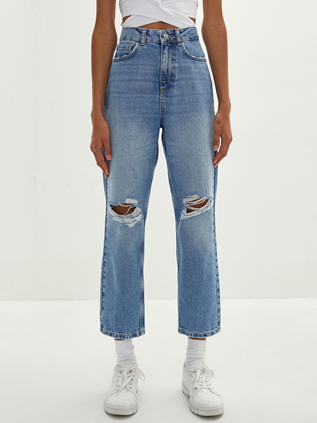 LCW Vision High Waist Straight Fit Pocket Ripped Detail Women's Rodeo Jeans -W1BV31Z8-507