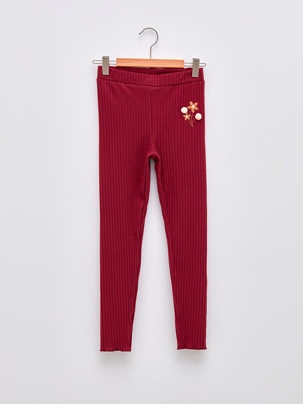 Bordo Beli Lastikli Nakış Detaylı Kız Çocuk Bilek Boy Tayt