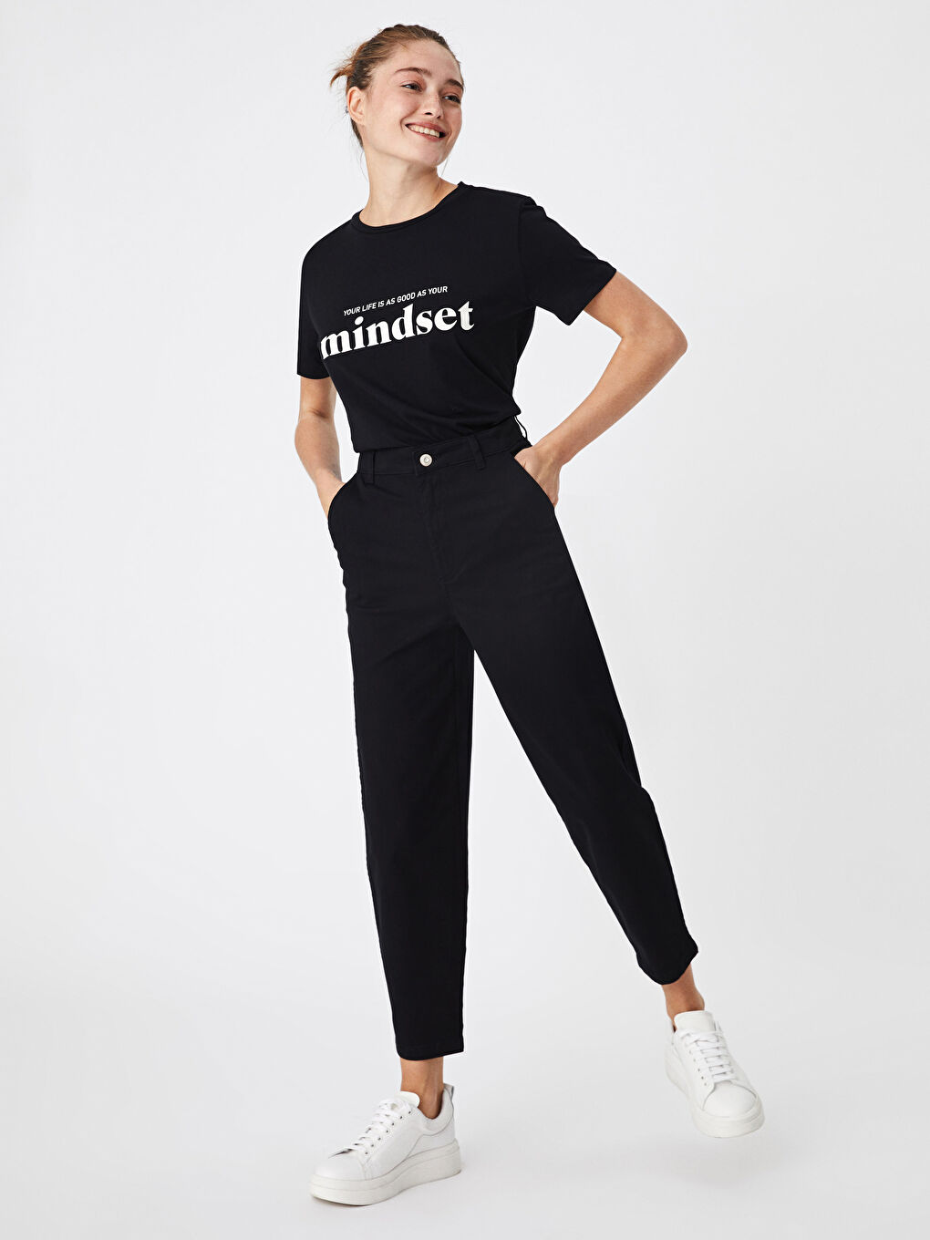 Siyah Düz Balon Bilek Boy Kadın Pantolon-1