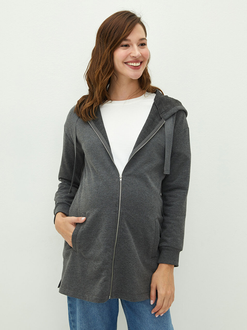 Hooded Plain Long Sleeved Pocket Detailed Maternity Cardigan-2