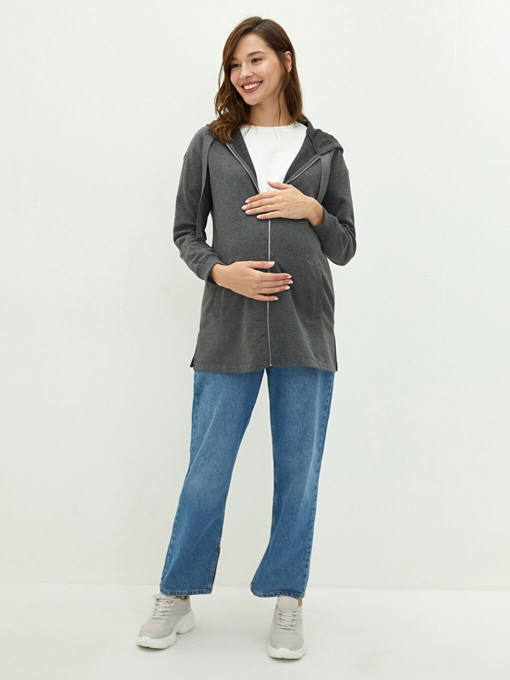 Hooded Plain Long Sleeved Pocket Detailed Maternity Cardigan-4