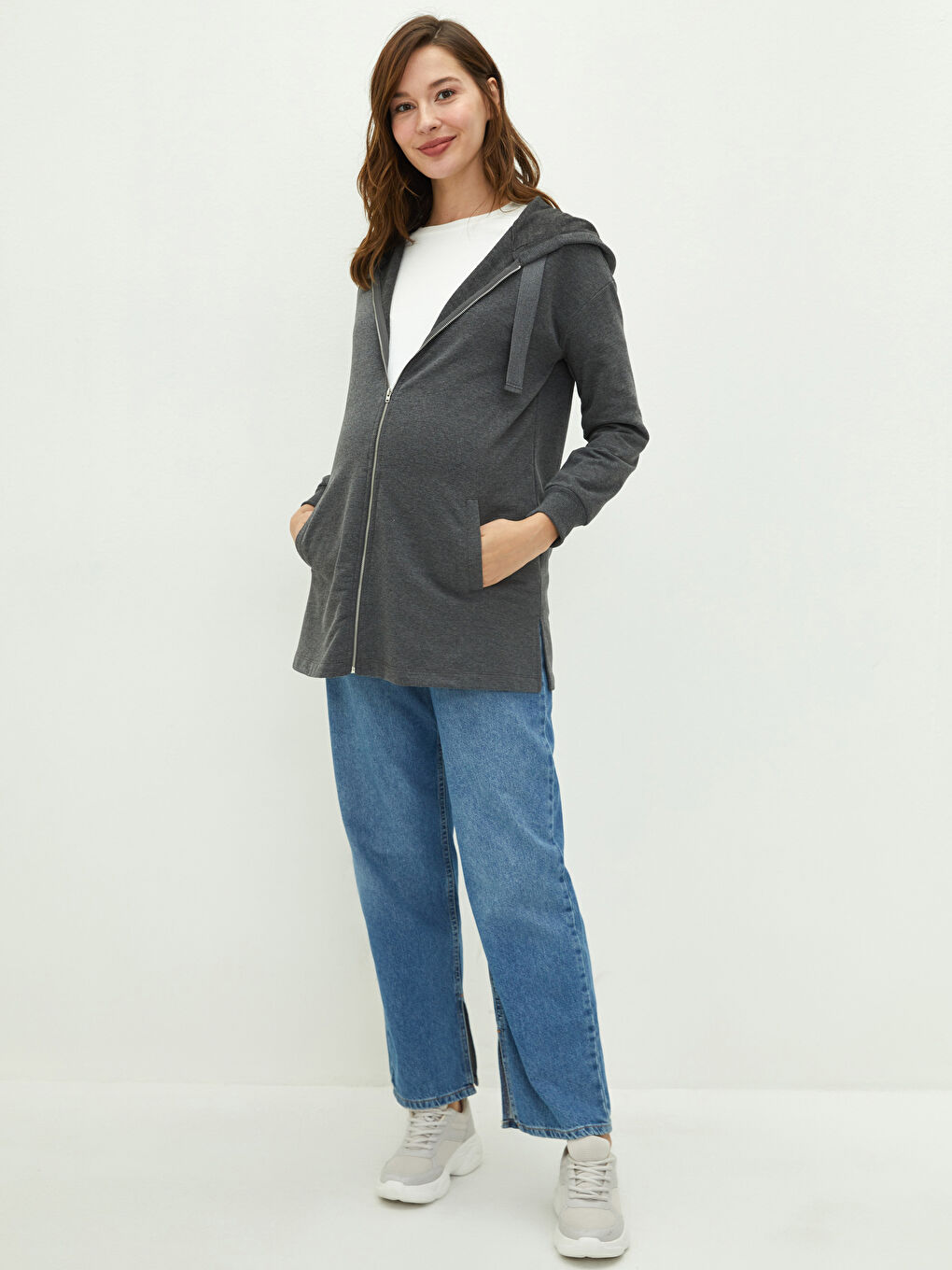Hooded Plain Long Sleeved Pocket Detailed Maternity Cardigan-5