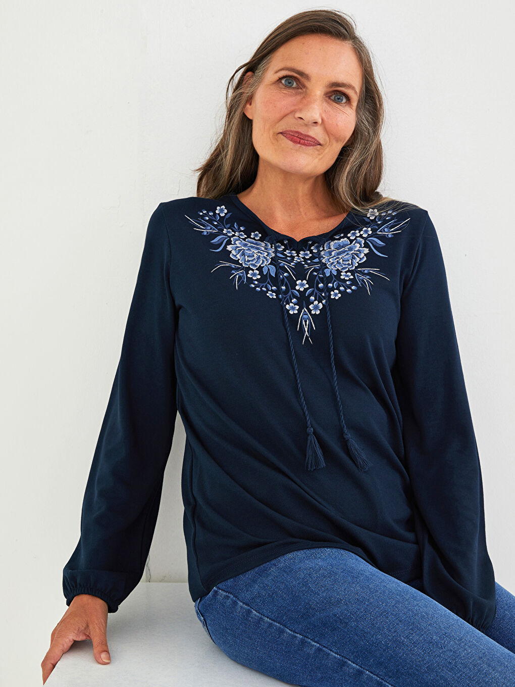 LCW Grace Tie Neck Patterned Long Sleeve Women's Blouse -W1BV85Z8-E1J