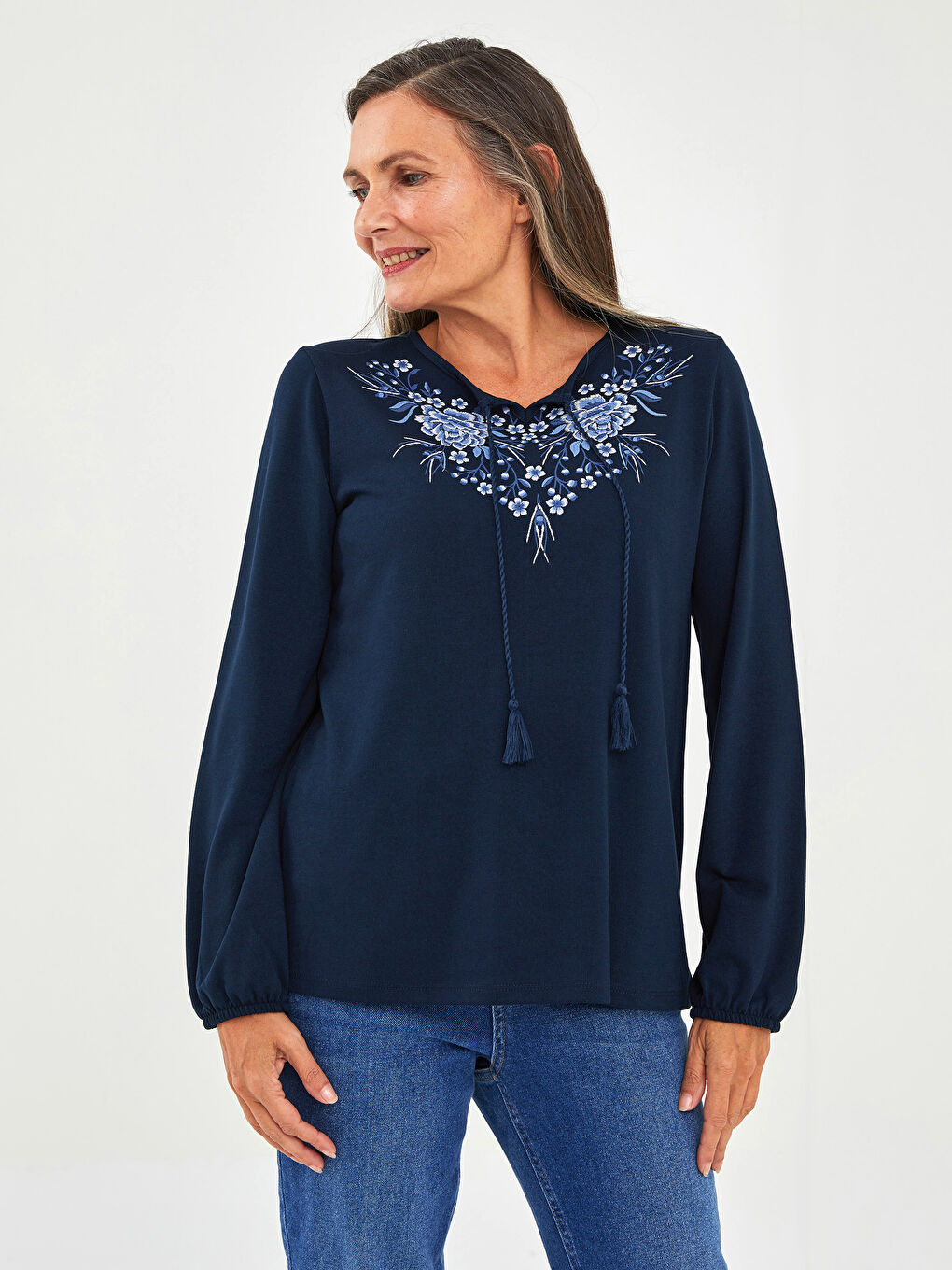 LCW Grace Tie Neck Patterned Long Sleeve Women's Blouse -W1BV85Z8-E1J