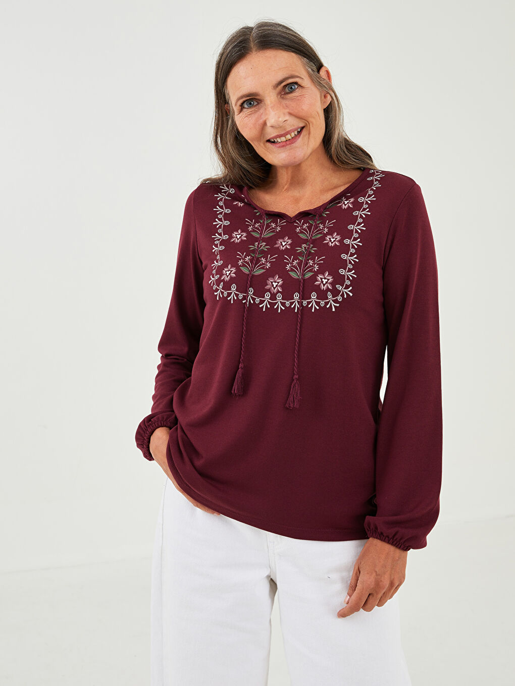 Bordo Bağlamalı Yaka Desenli Uzun Kollu Kadın Bluz