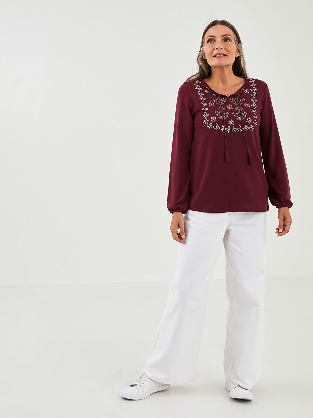 Bordo Bağlamalı Yaka Desenli Uzun Kollu Kadın Bluz-2