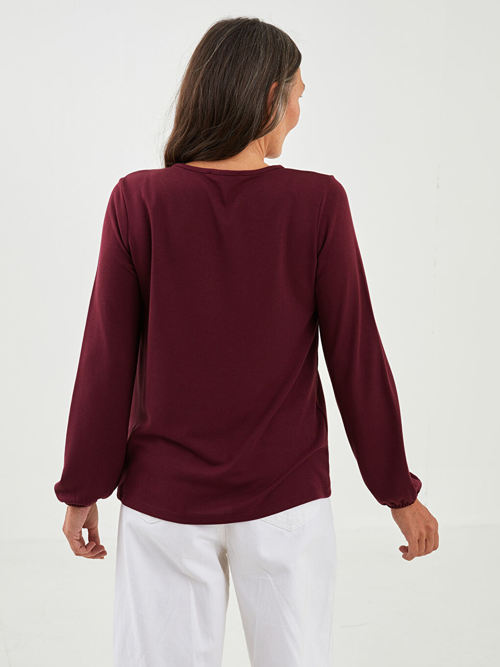 Bordo Bağlamalı Yaka Desenli Uzun Kollu Kadın Bluz-3