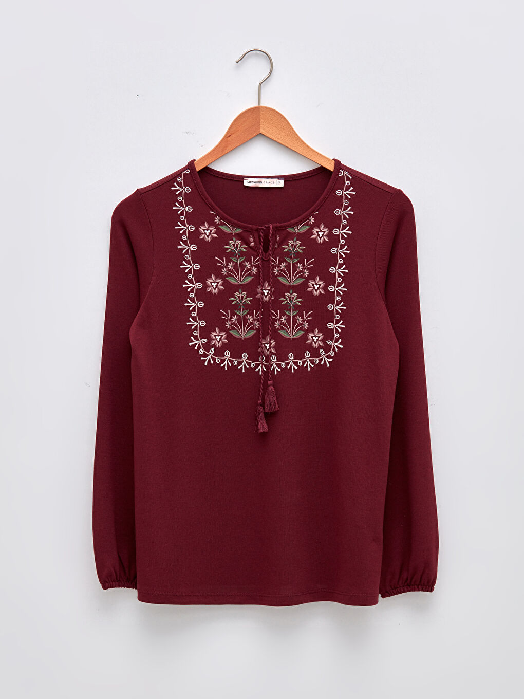 Bordo Bağlamalı Yaka Desenli Uzun Kollu Kadın Bluz-4