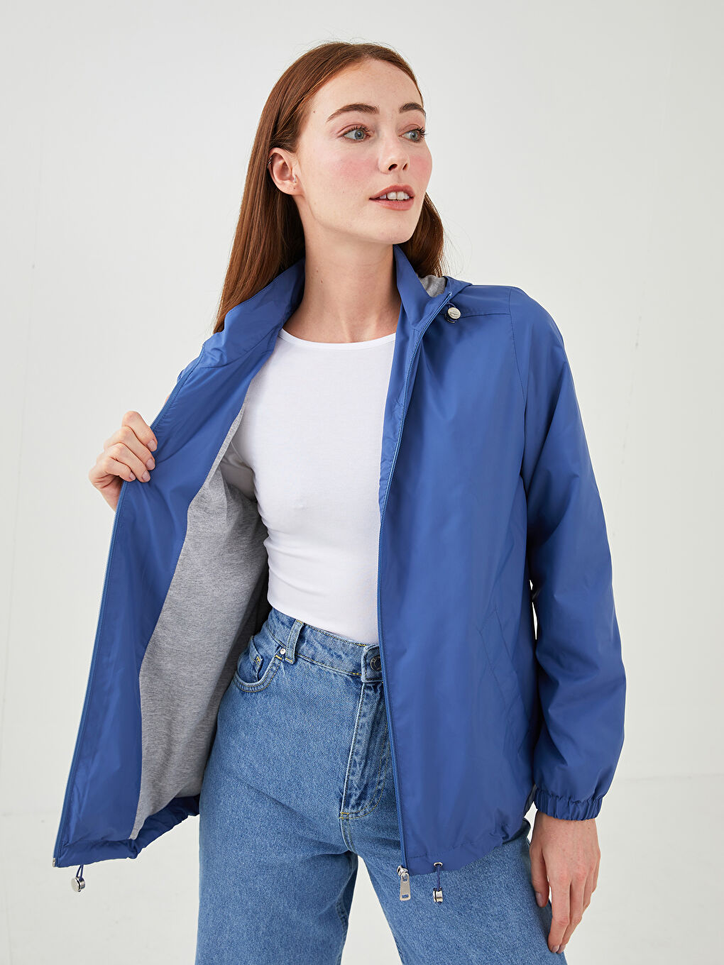 İndigo Kapüşonlu Düz Uzun Kollu Cep Detaylı Kadın Yağmurluk-1