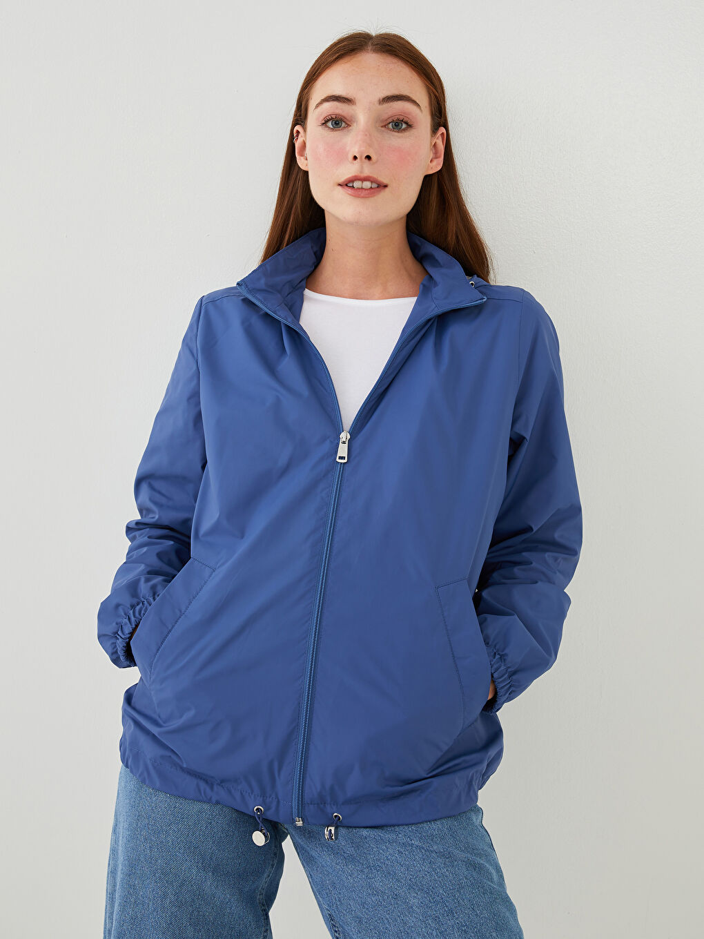 İndigo Kapüşonlu Düz Uzun Kollu Cep Detaylı Kadın Yağmurluk-4