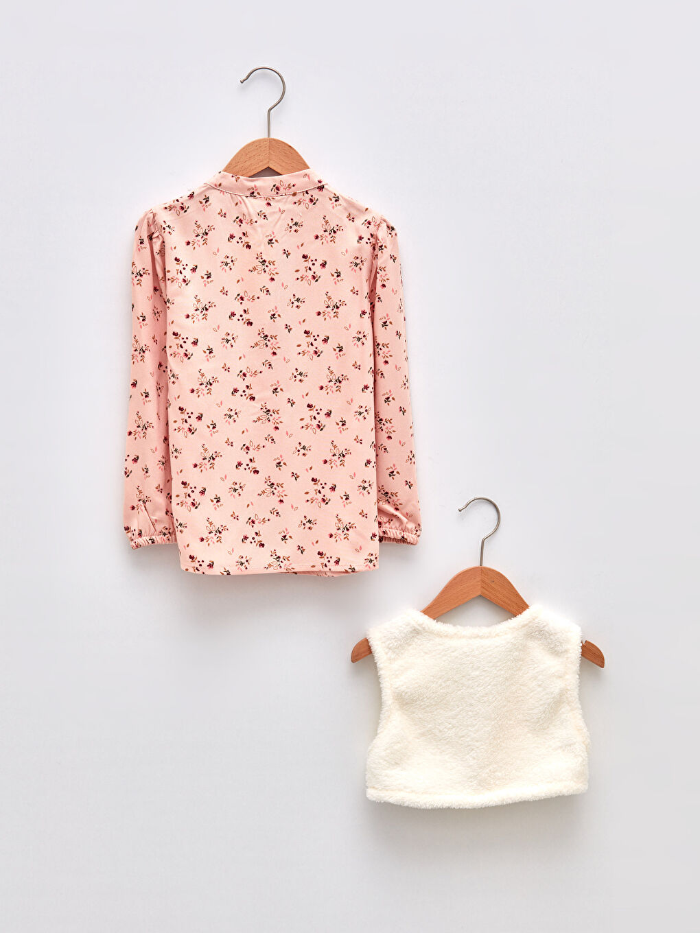 Принтті ұзын жеңді қыз балаға арналған дөңгелек жағалы блузка мен жилет-1