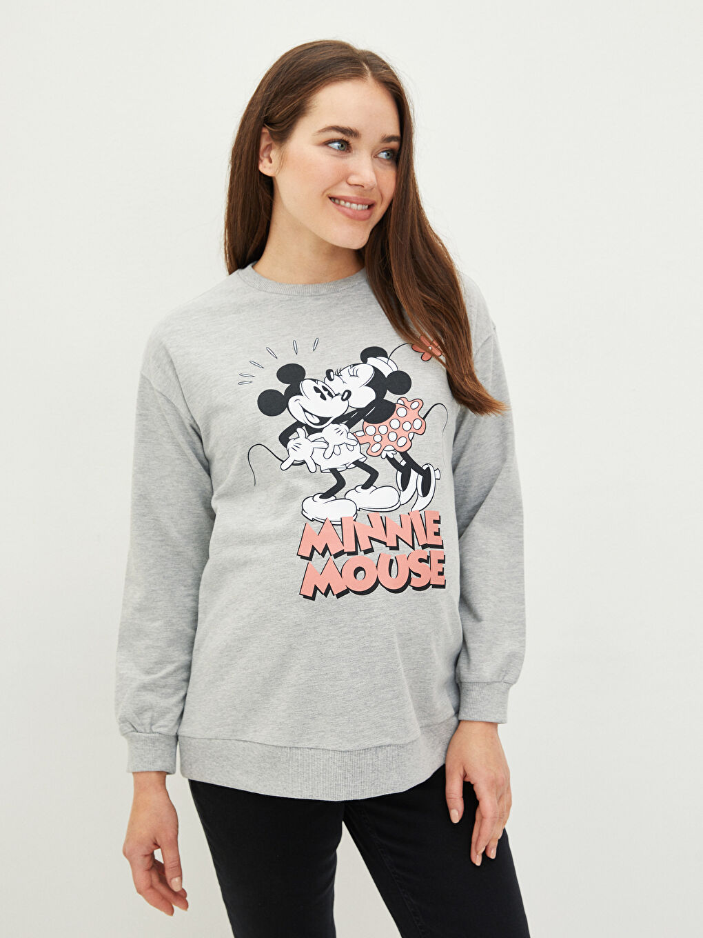 LCWAIKIKI Maternity Gri Bisiklet Yaka Mickey Mouse Baskılı Uzun Kollu Hamile Sweatshirt