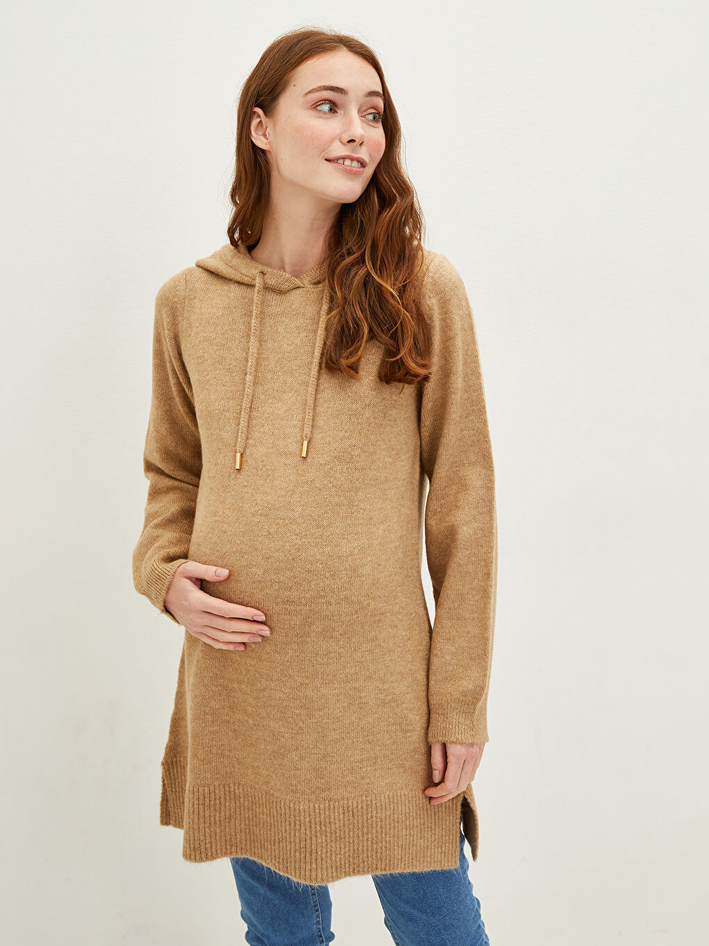 Kahverengi Kapüşon Yaka Düz Uzun Kollu Hamile Triko Tunik-1
