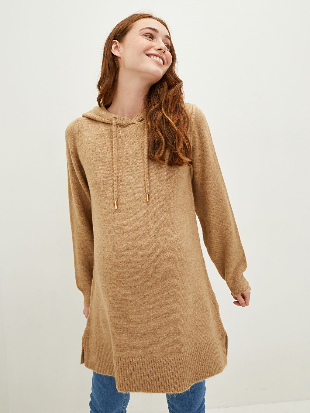 Kahverengi Kapüşon Yaka Düz Uzun Kollu Hamile Triko Tunik-3