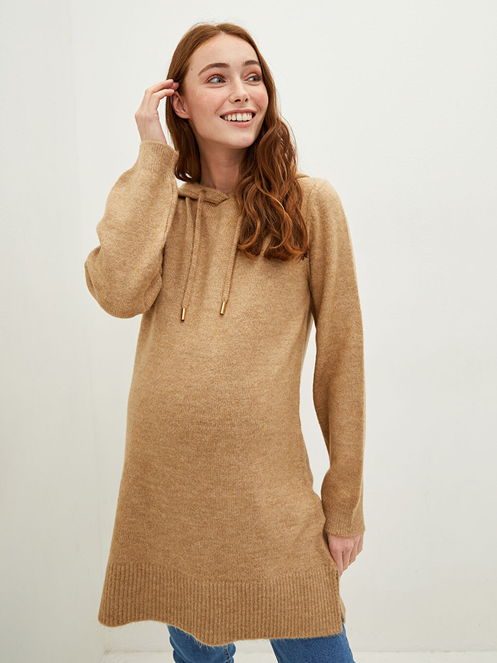 Kahverengi Kapüşon Yaka Düz Uzun Kollu Hamile Triko Tunik-5