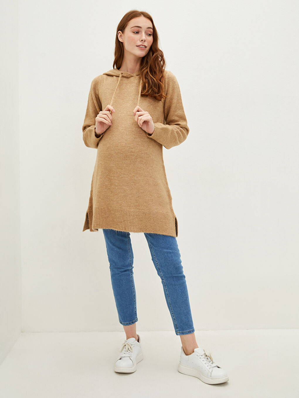 Kahverengi Kapüşon Yaka Düz Uzun Kollu Hamile Triko Tunik-6