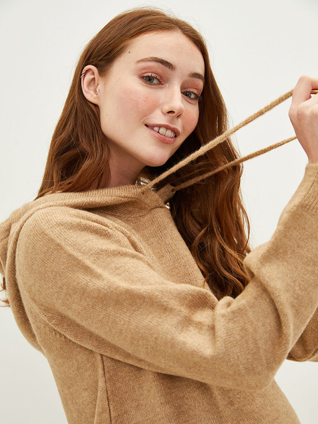 Kahverengi Kapüşon Yaka Düz Uzun Kollu Hamile Triko Tunik-9