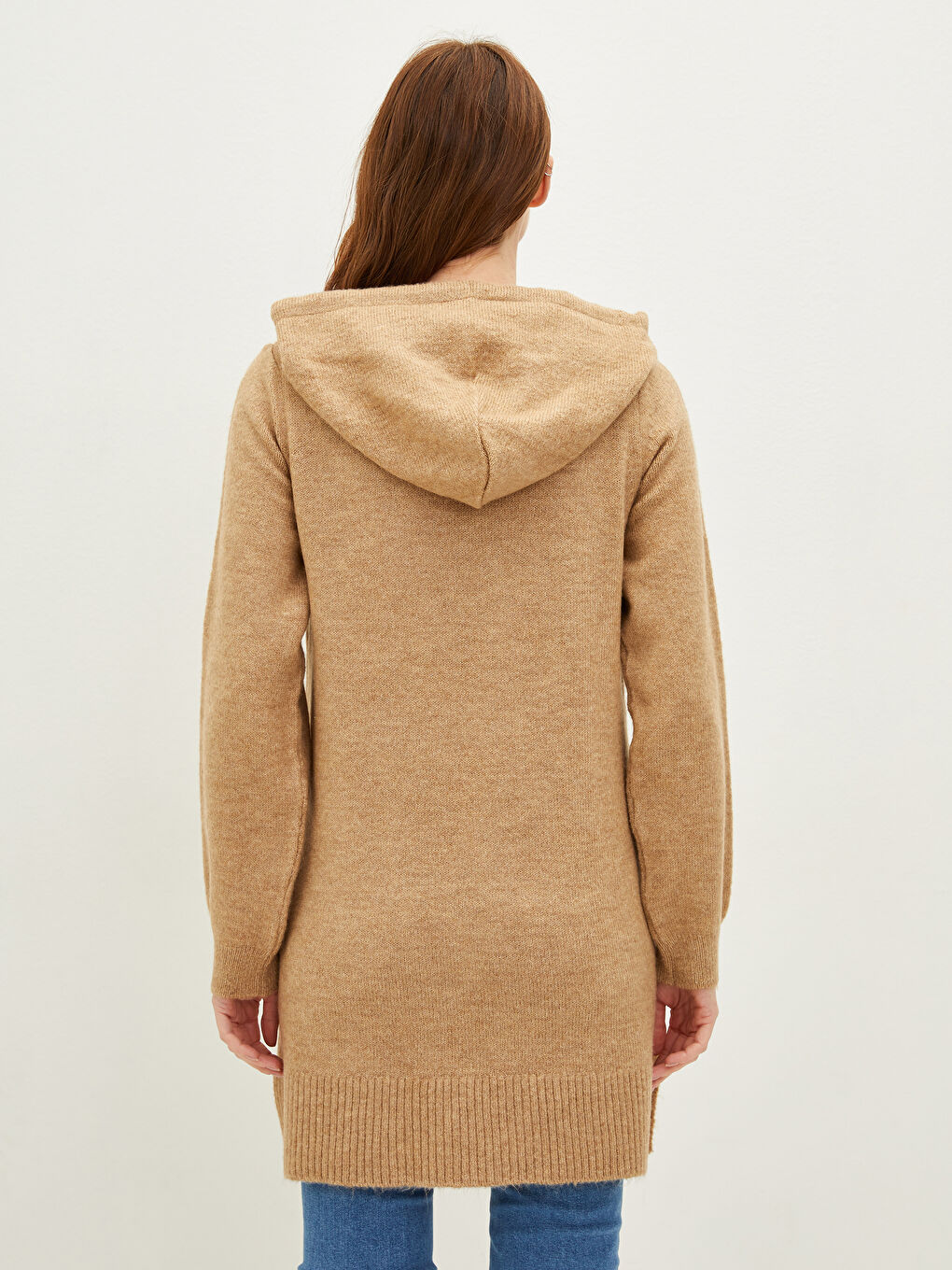 Kahverengi Kapüşon Yaka Düz Uzun Kollu Hamile Triko Tunik-10