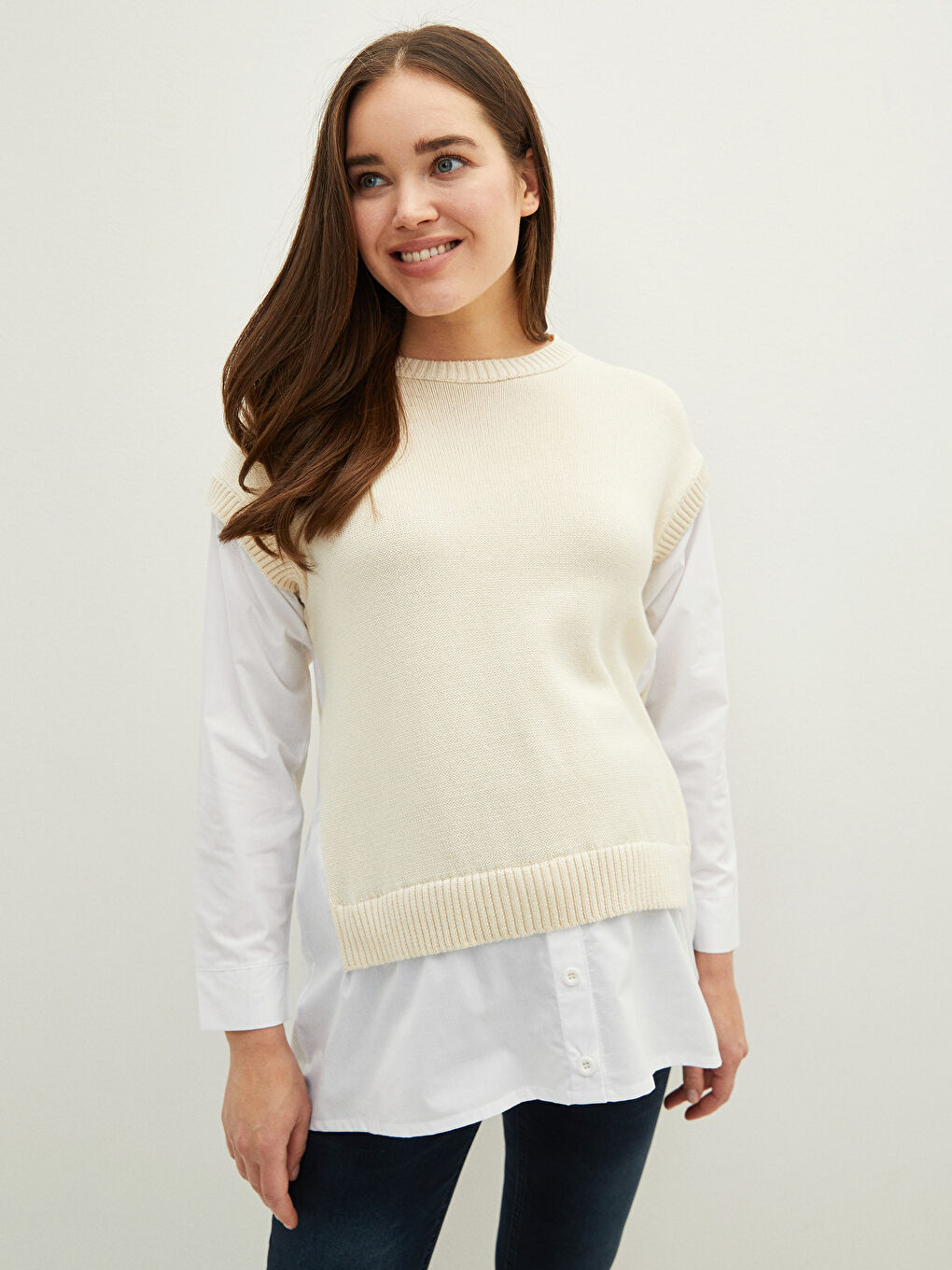 Bej Bisiklet Yaka Düz Uzun Kollu Hamile Triko Kazak