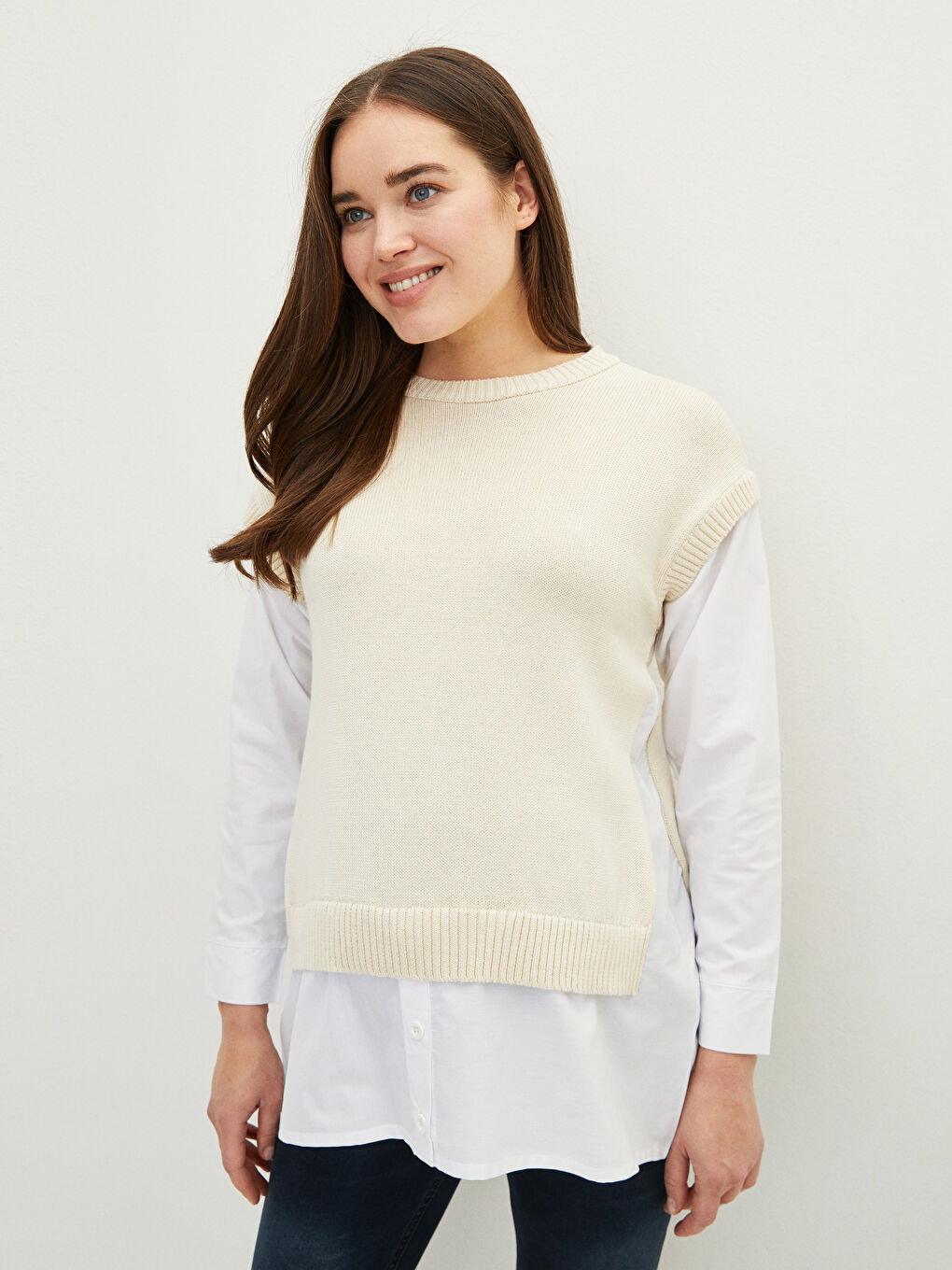 Bej Bisiklet Yaka Düz Uzun Kollu Hamile Triko Kazak-1