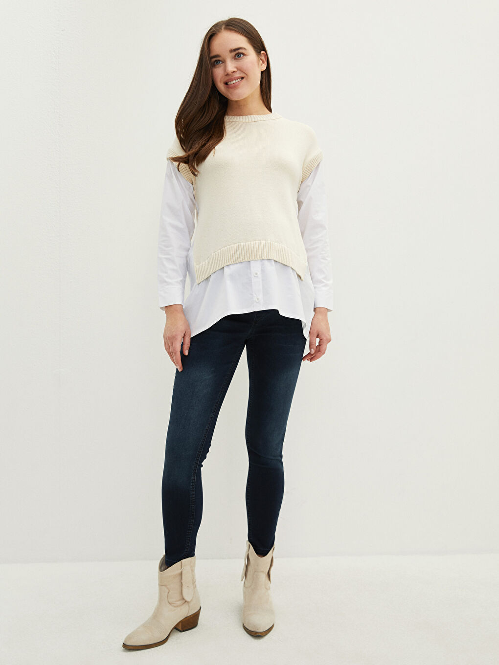 Bej Bisiklet Yaka Düz Uzun Kollu Hamile Triko Kazak-2