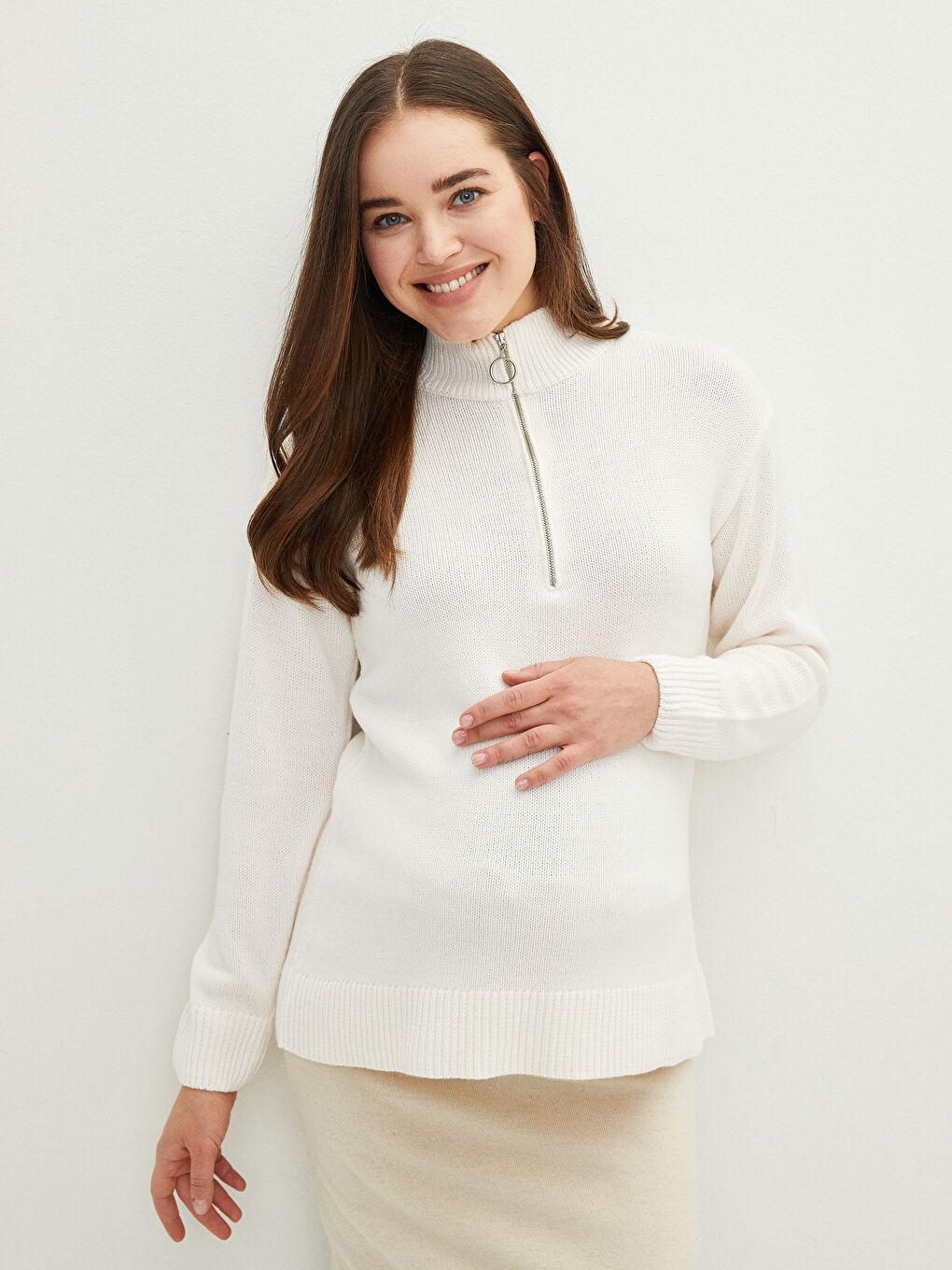 LCWAIKIKI Maternity Stand Up Collar Zipper Detailed Long Sleeve Maternity Knitwear Sweater -W1BY66Z8-FQG