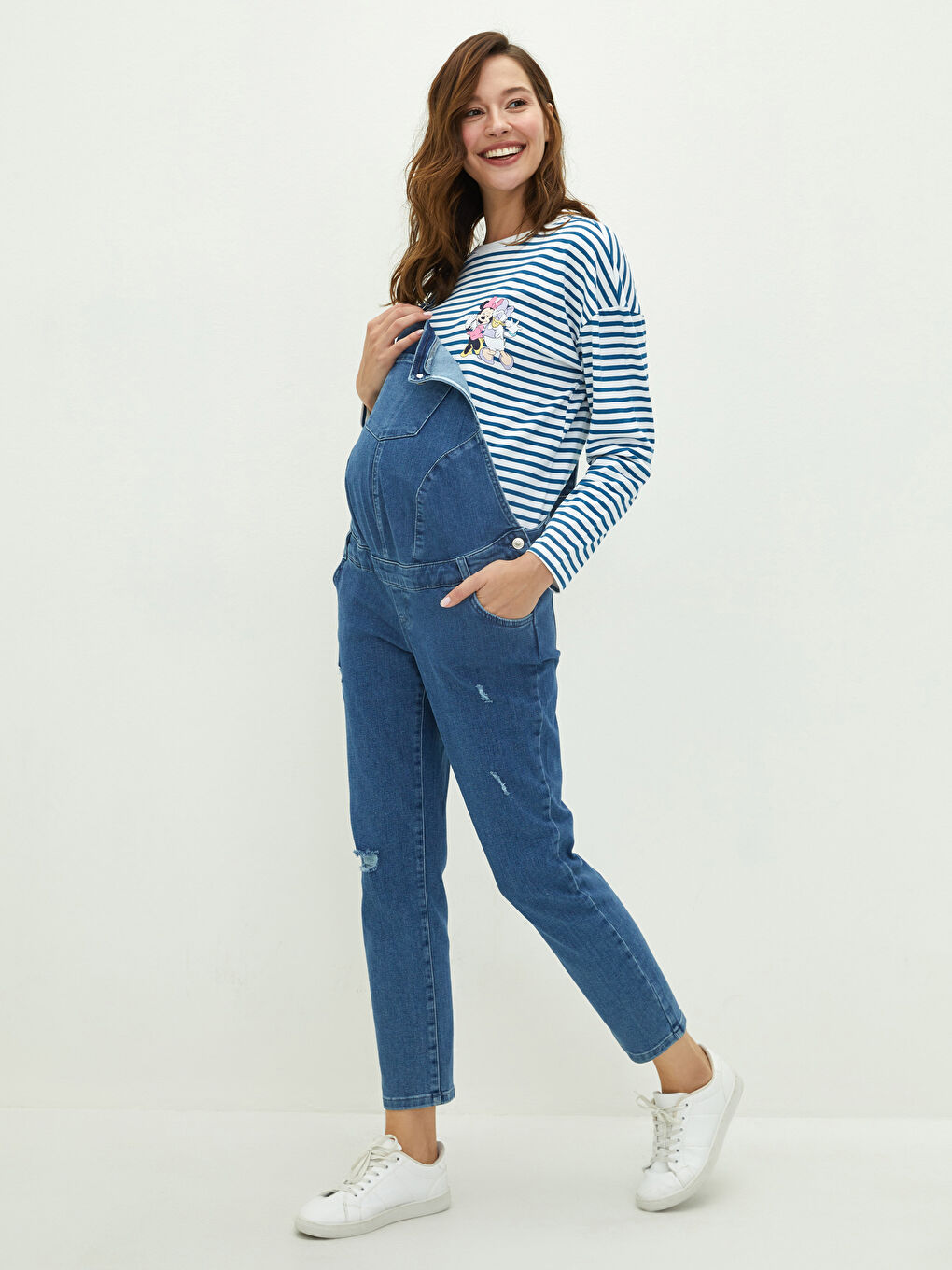 İndigo Kare Yaka Askılı Cep Detaylı Hamile Rodeo Jean Salopet