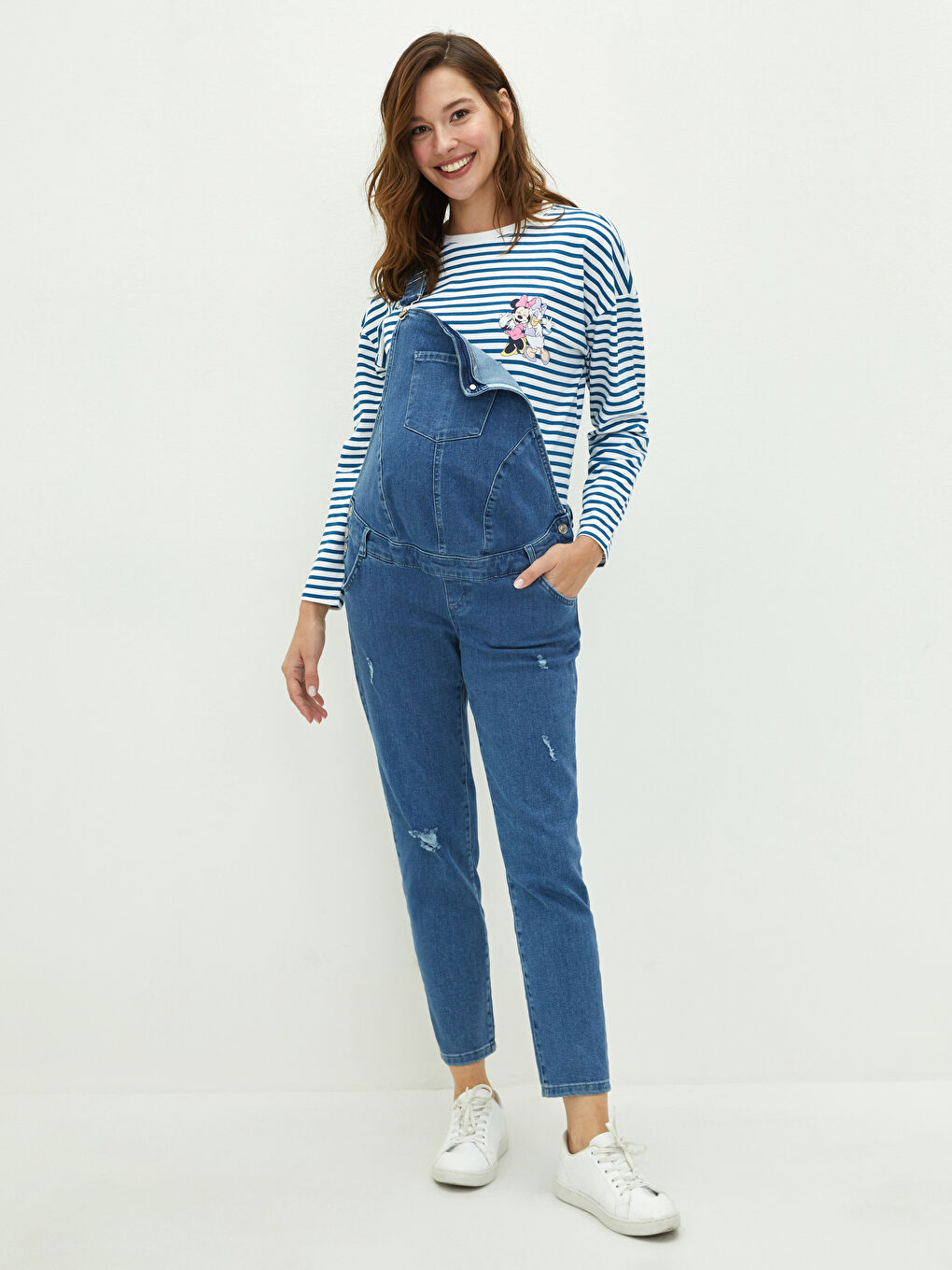 İndigo Kare Yaka Askılı Cep Detaylı Hamile Rodeo Jean Salopet-1