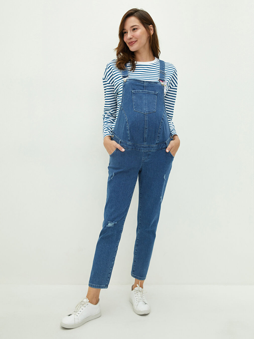 İndigo Kare Yaka Askılı Cep Detaylı Hamile Rodeo Jean Salopet-2