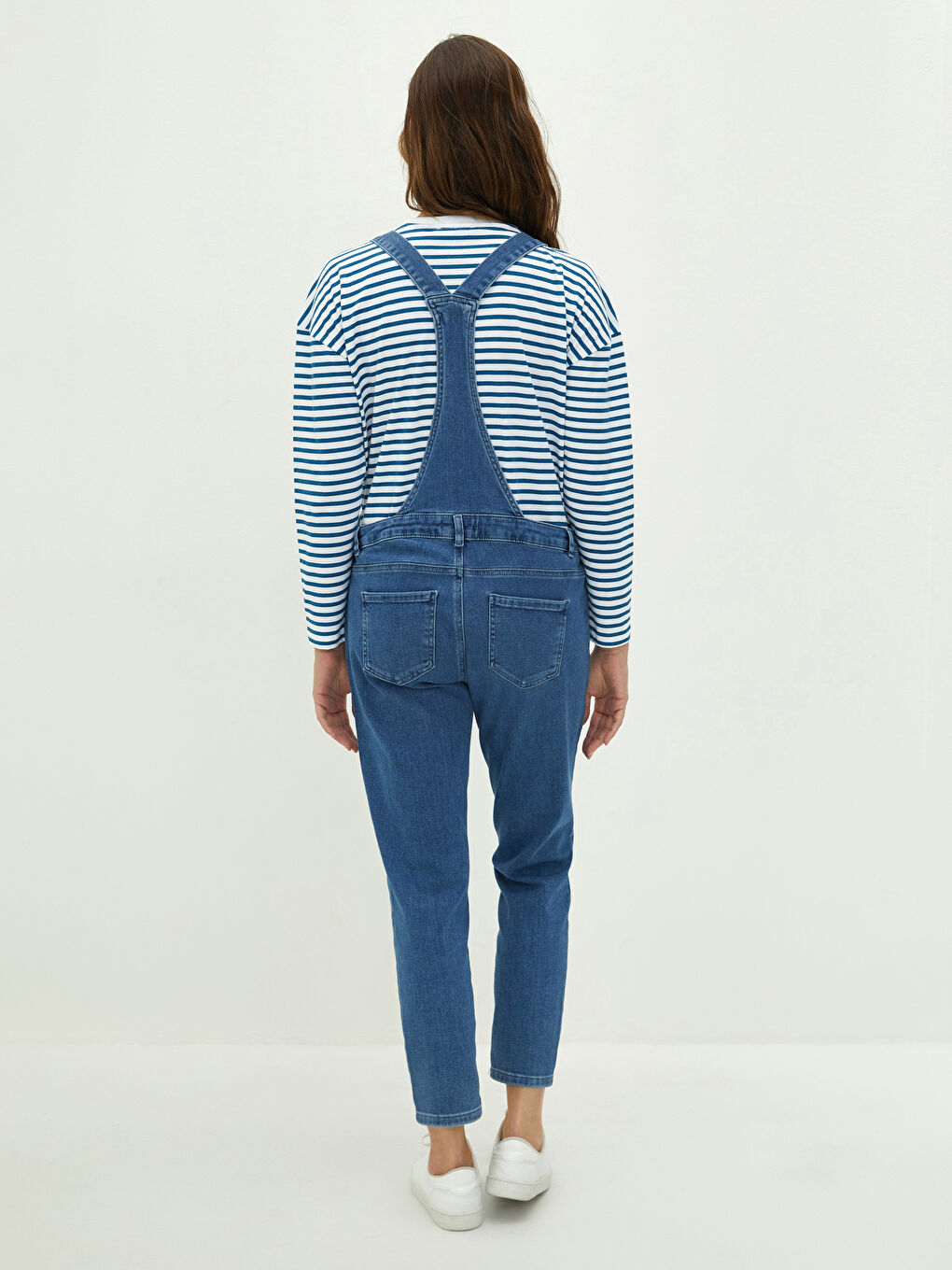 İndigo Kare Yaka Askılı Cep Detaylı Hamile Rodeo Jean Salopet-4