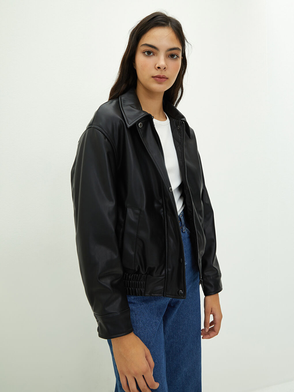 LCW Vision Manteau en simili cuir à col de chemise droit et manches longues pour Femmes -W1CA29Z8-CVL