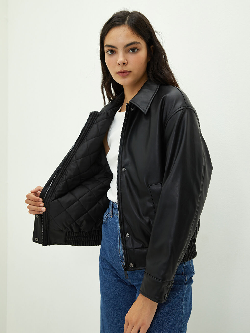 LCW Vision Manteau en simili cuir à col de chemise droit et manches longues pour Femmes -W1CA29Z8-CVL
