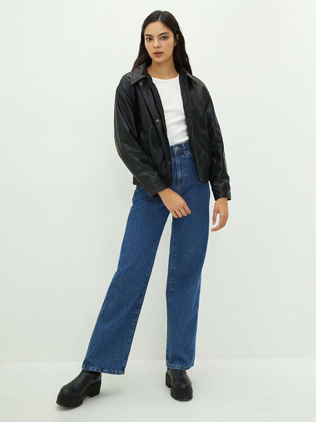 LCW Vision Manteau en simili cuir à col de chemise droit et manches longues pour Femmes -W1CA29Z8-CVL