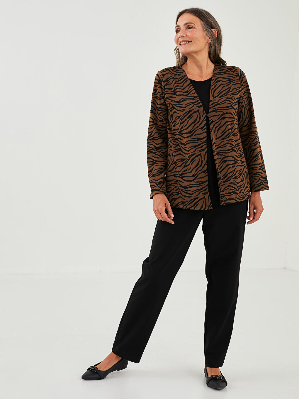 Kahverengi Bisiklet Yaka Desenli Uzun Kollu Kadın Kazak