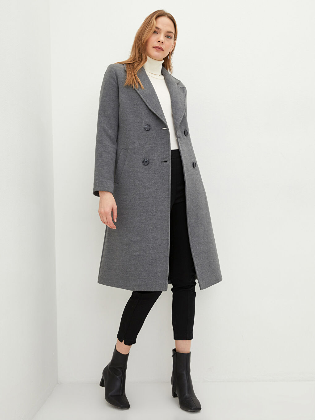 Gri Ceket Yaka Düz Uzun Kollu Kalın Kadın Kaşe Kaban-1