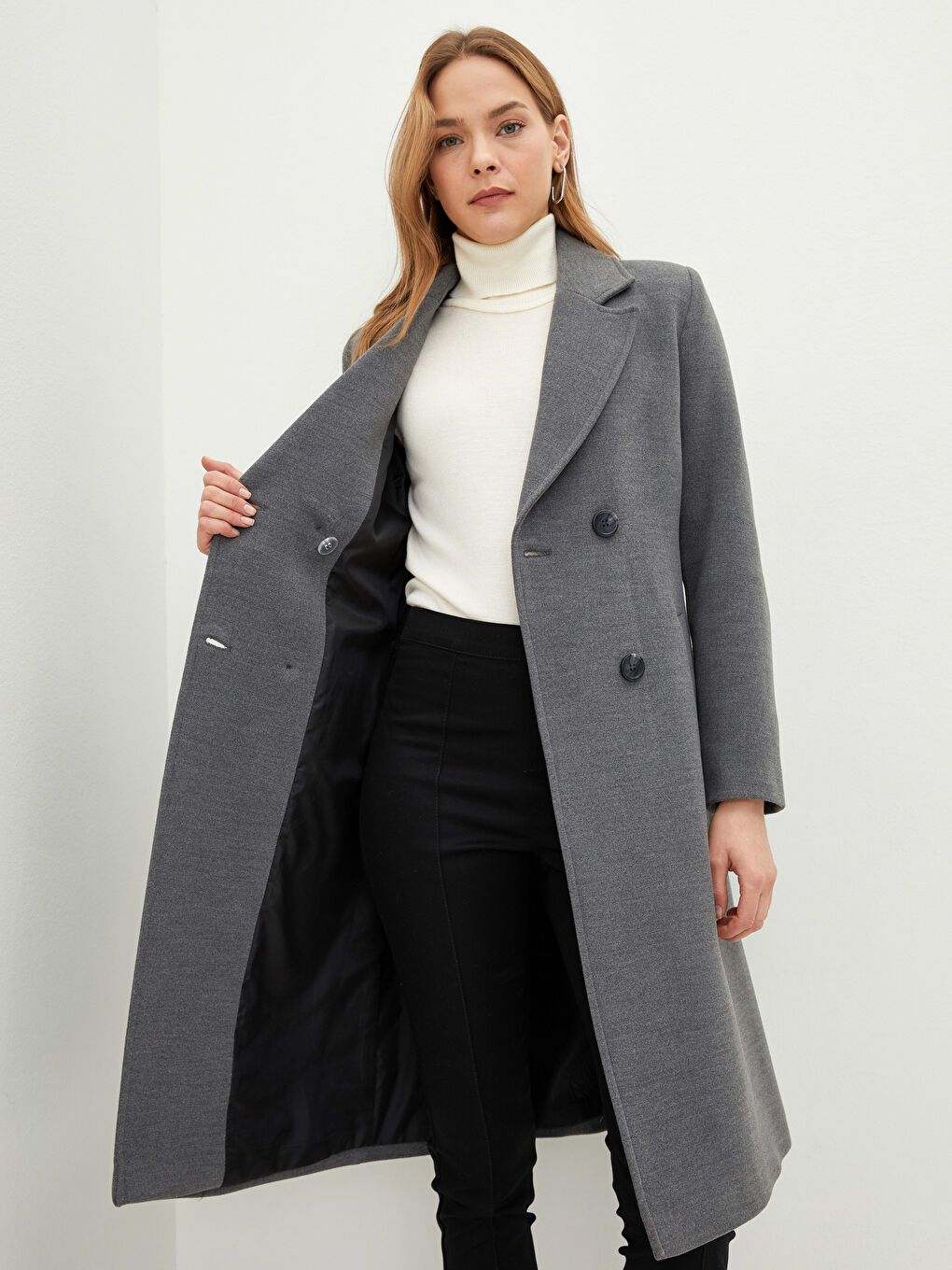 Gri Ceket Yaka Düz Uzun Kollu Kalın Kadın Kaşe Kaban-2