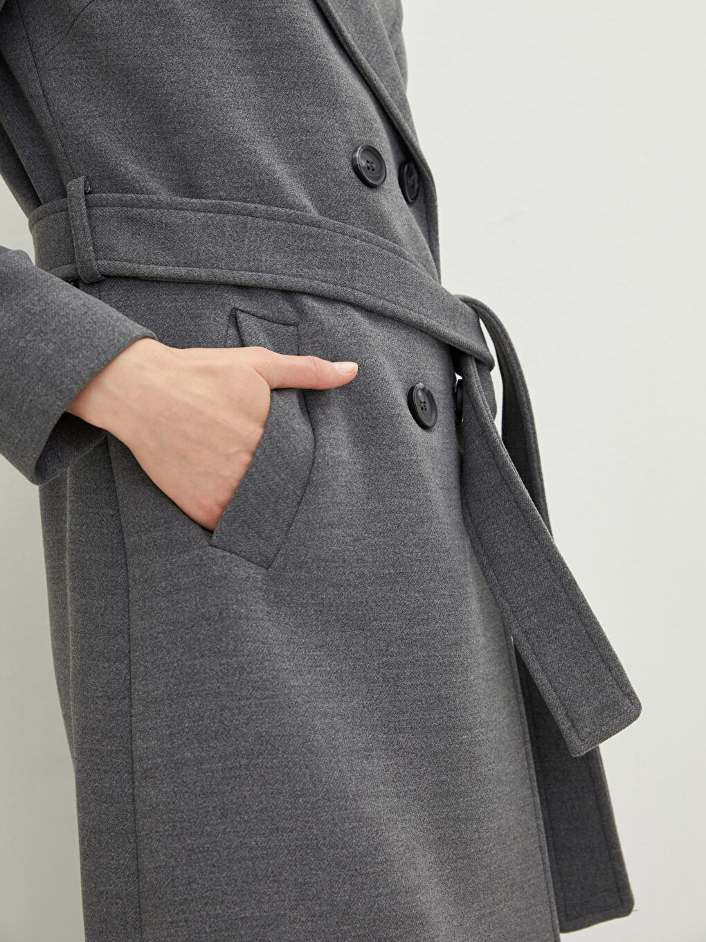 Gri Ceket Yaka Düz Uzun Kollu Kalın Kadın Kaşe Kaban-3