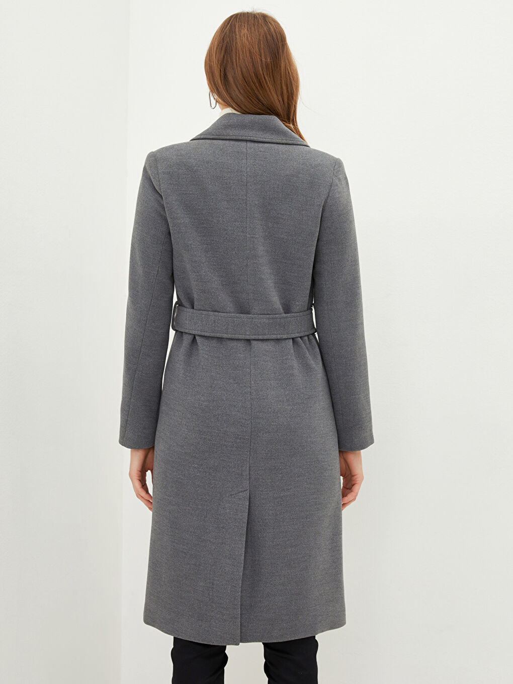 Gri Ceket Yaka Düz Uzun Kollu Kalın Kadın Kaşe Kaban-4