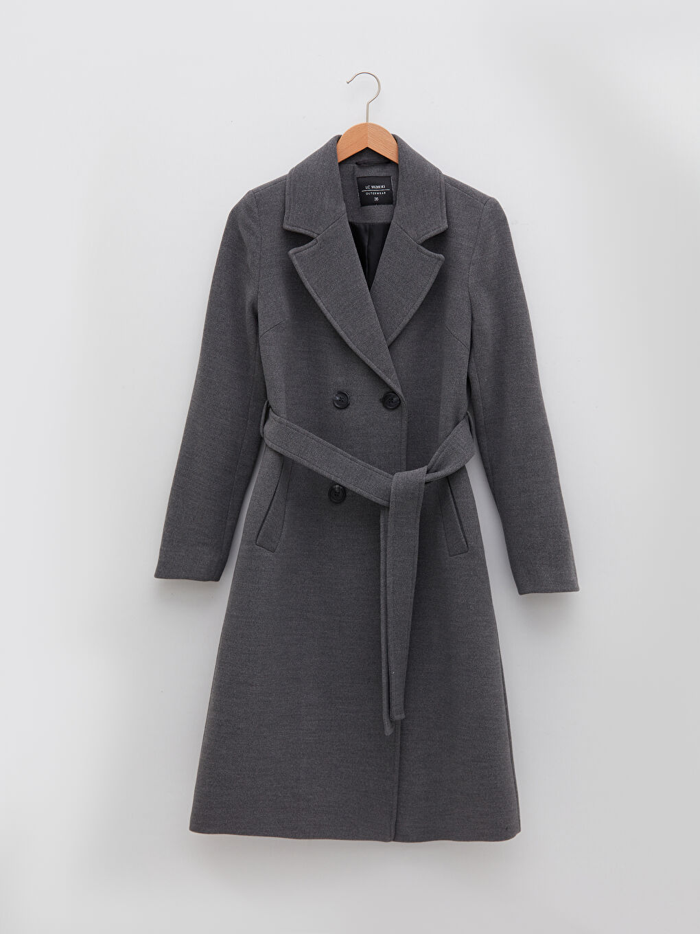 Gri Ceket Yaka Düz Uzun Kollu Kalın Kadın Kaşe Kaban-5