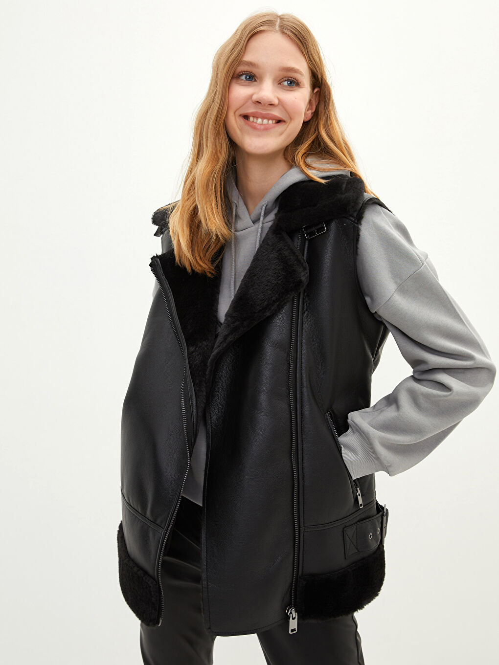 Shirt Collar Pocket Detailed Leather Look Women's Vest