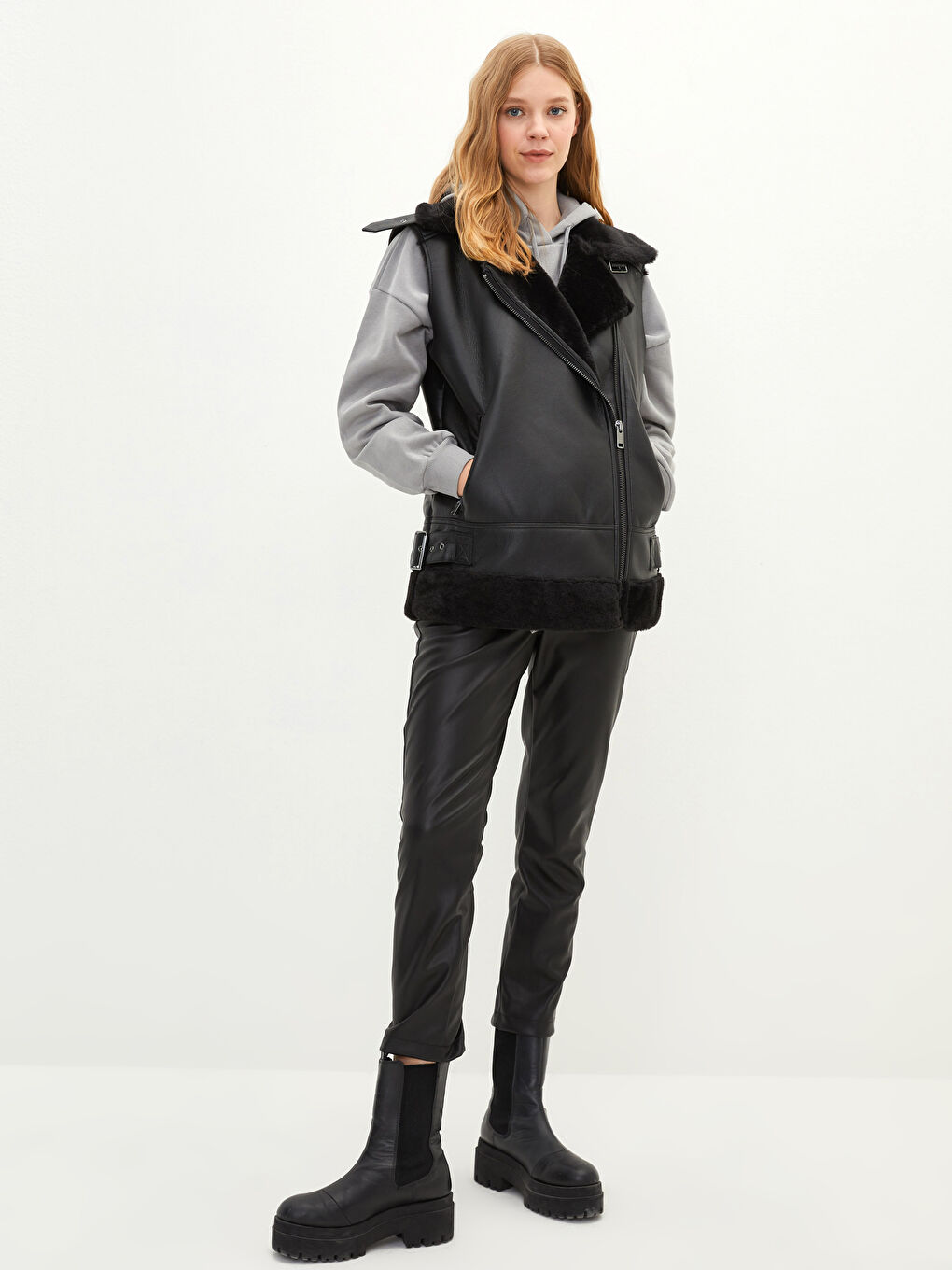 Shirt Collar Pocket Detailed Leather Look Women's Vest-2