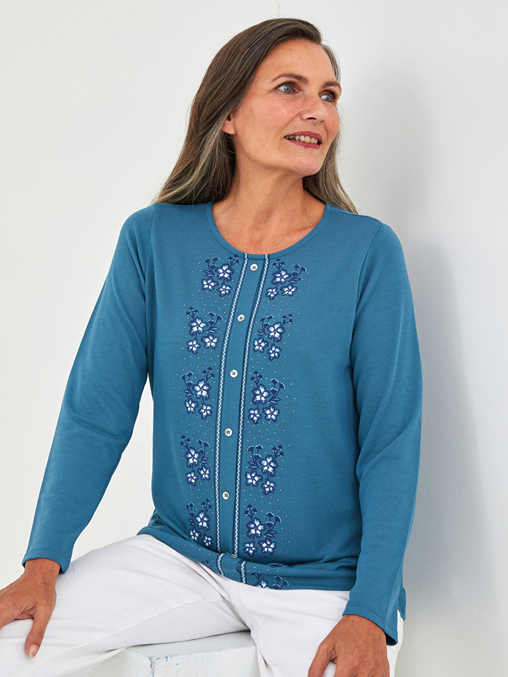 LCW Grace Crew Neck Floral Embroidery Long Sleeve Women's Blouse -W1CA87Z8-H5U