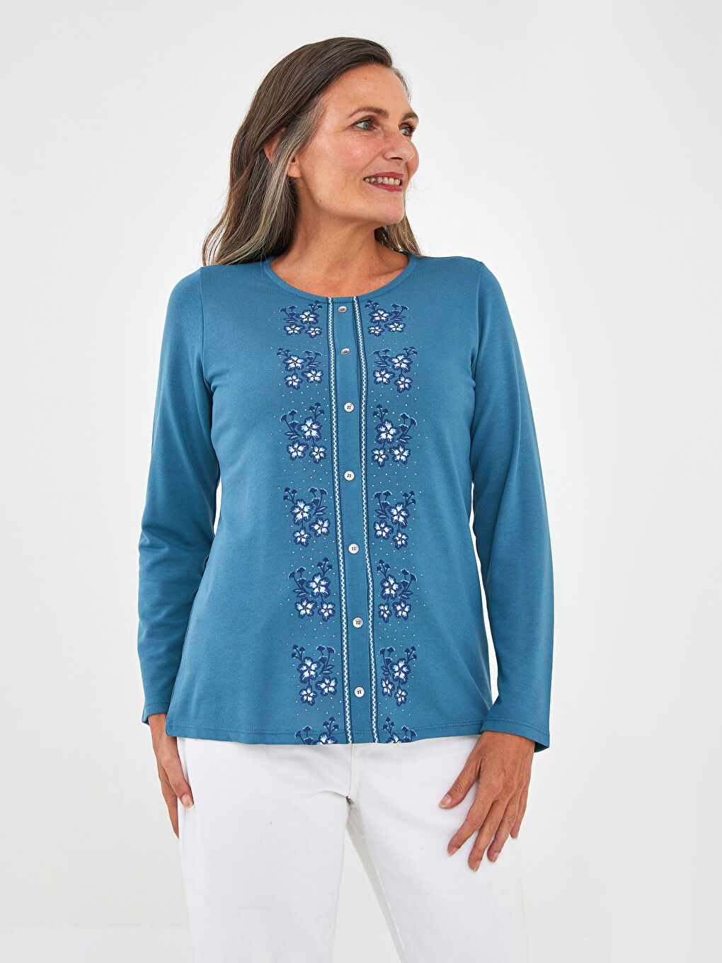 LCW Grace Crew Neck Floral Embroidery Long Sleeve Women's Blouse -W1CA87Z8-H5U