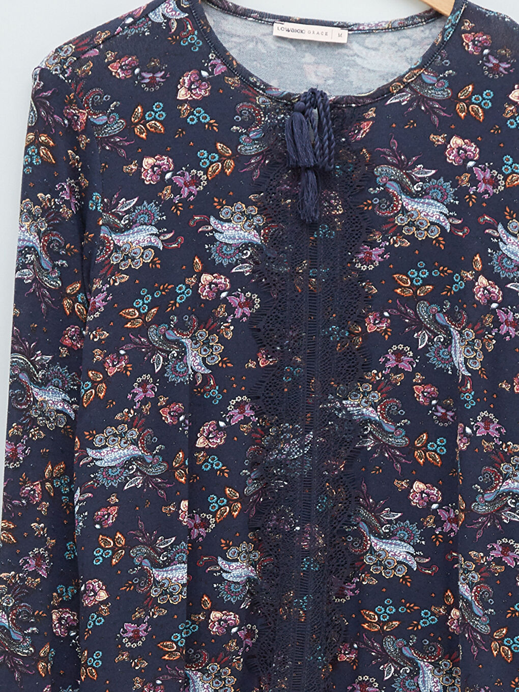 Lacivert Bağlamalı Yaka Desenli Uzun Kollu Kadın Bluz-7