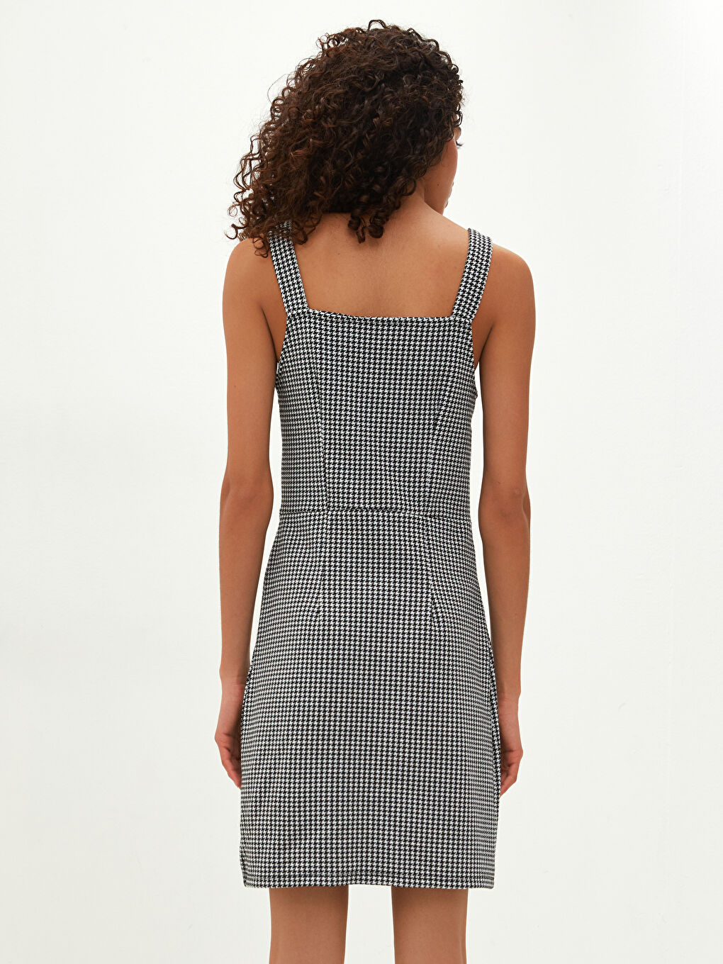 Rochie pentru Femei cu Guler Pătrat, Model Carouri, Detalii Nasturi și Bretele-4