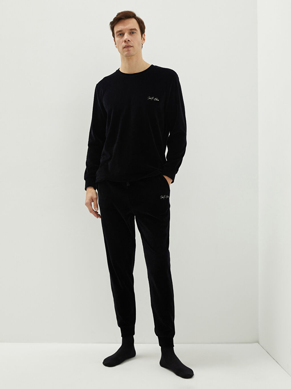 Siyah Bisiklet Yaka Uzun Kollu Baskılı Erkek Polar Pijama Üst-1