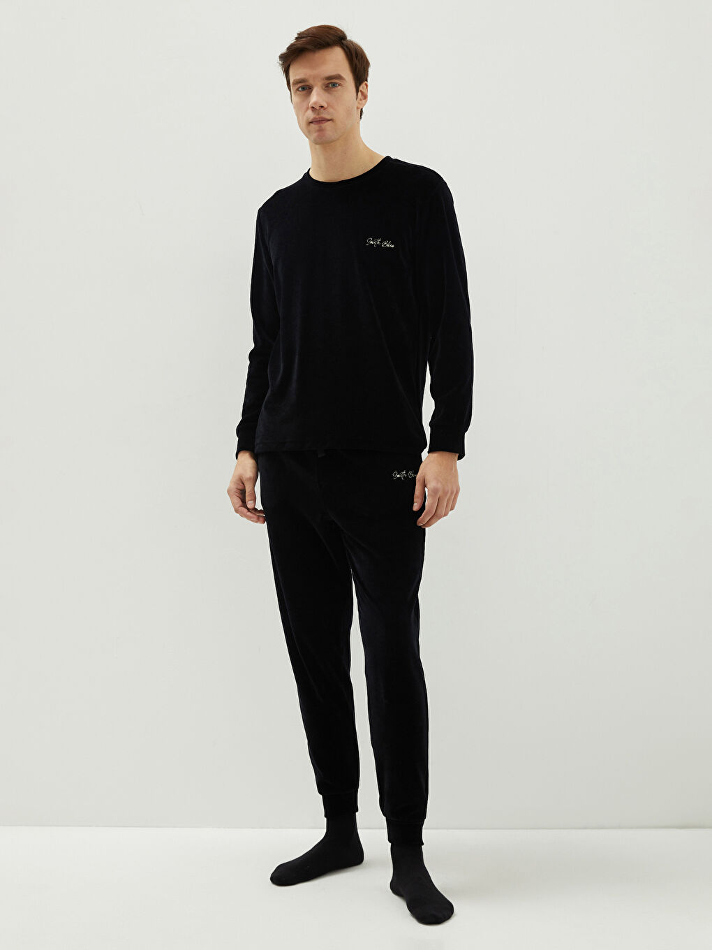 Siyah Bisiklet Yaka Uzun Kollu Baskılı Erkek Polar Pijama Üst-2