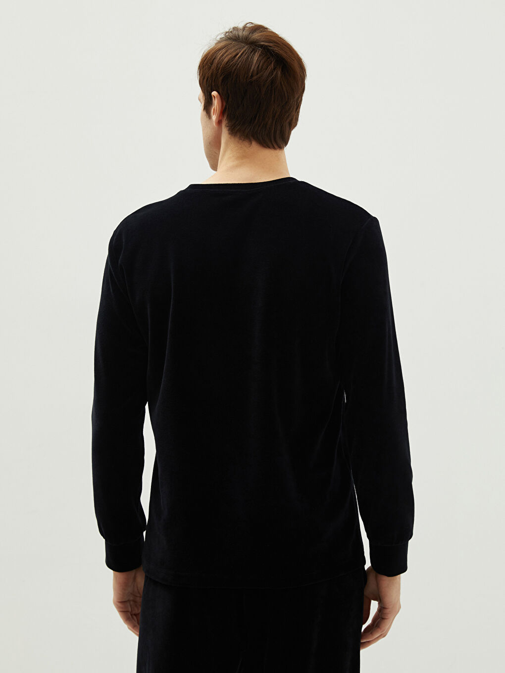 Siyah Bisiklet Yaka Uzun Kollu Baskılı Erkek Polar Pijama Üst-4