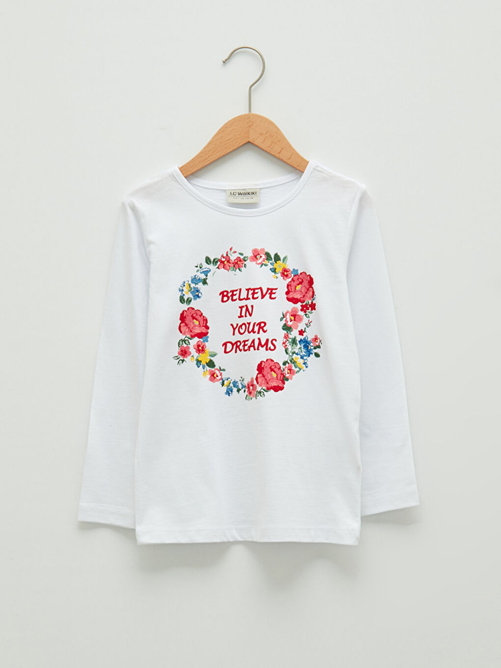 Beyaz Bisiklet Yaka Baskılı Uzun Kollu Kız Çocuk Tişört